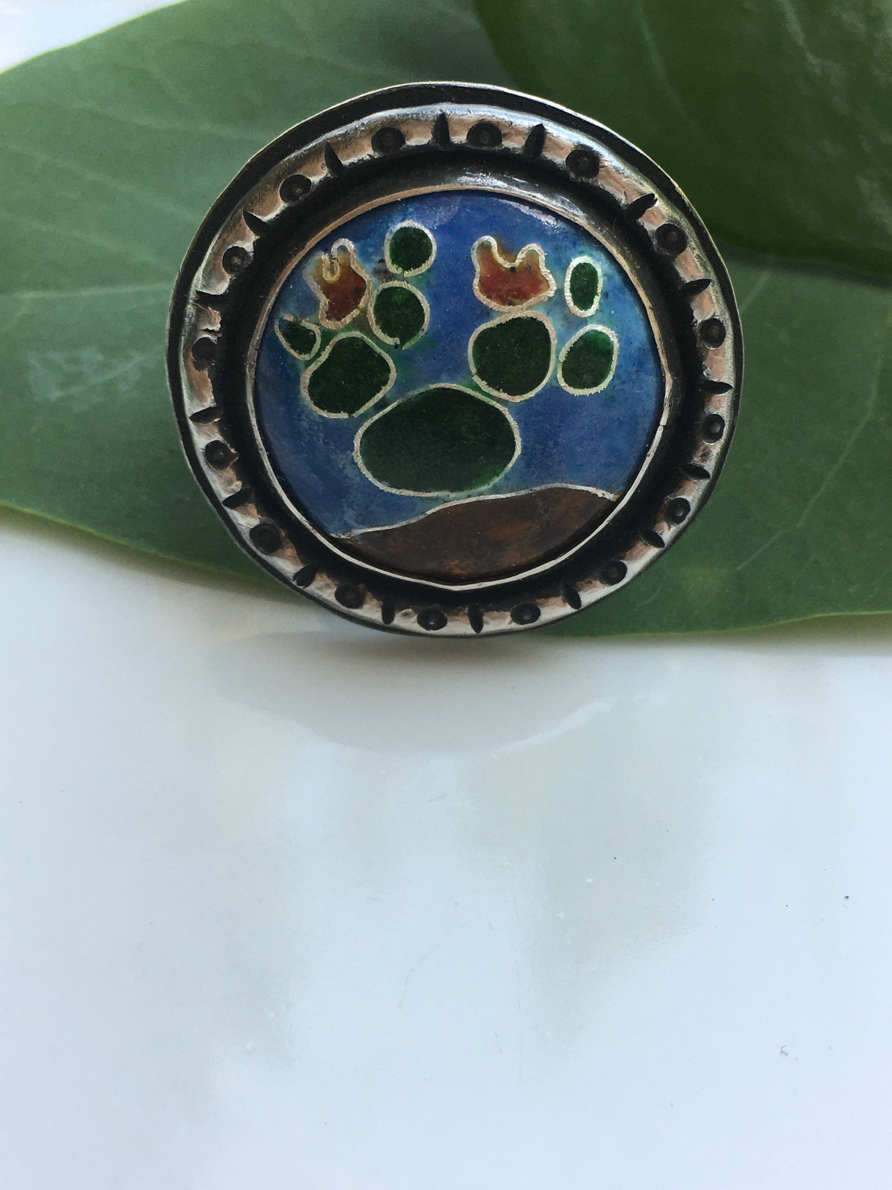 Prickly Pear Cactus Cloisonné Enamel Sterling Silver Ring-Size 8