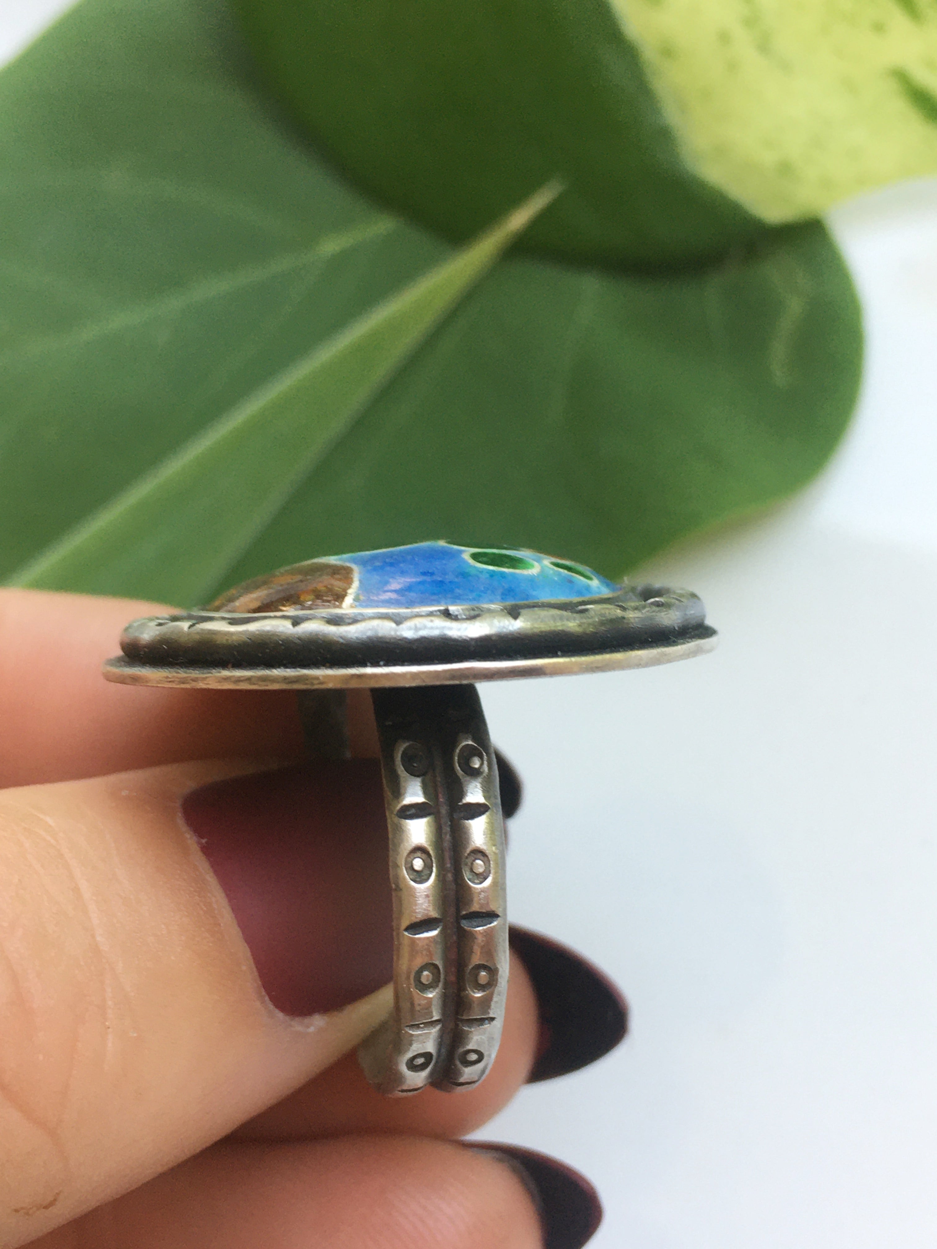 Prickly Pear Cactus Cloisonné Enamel Sterling Silver Ring-Size 8