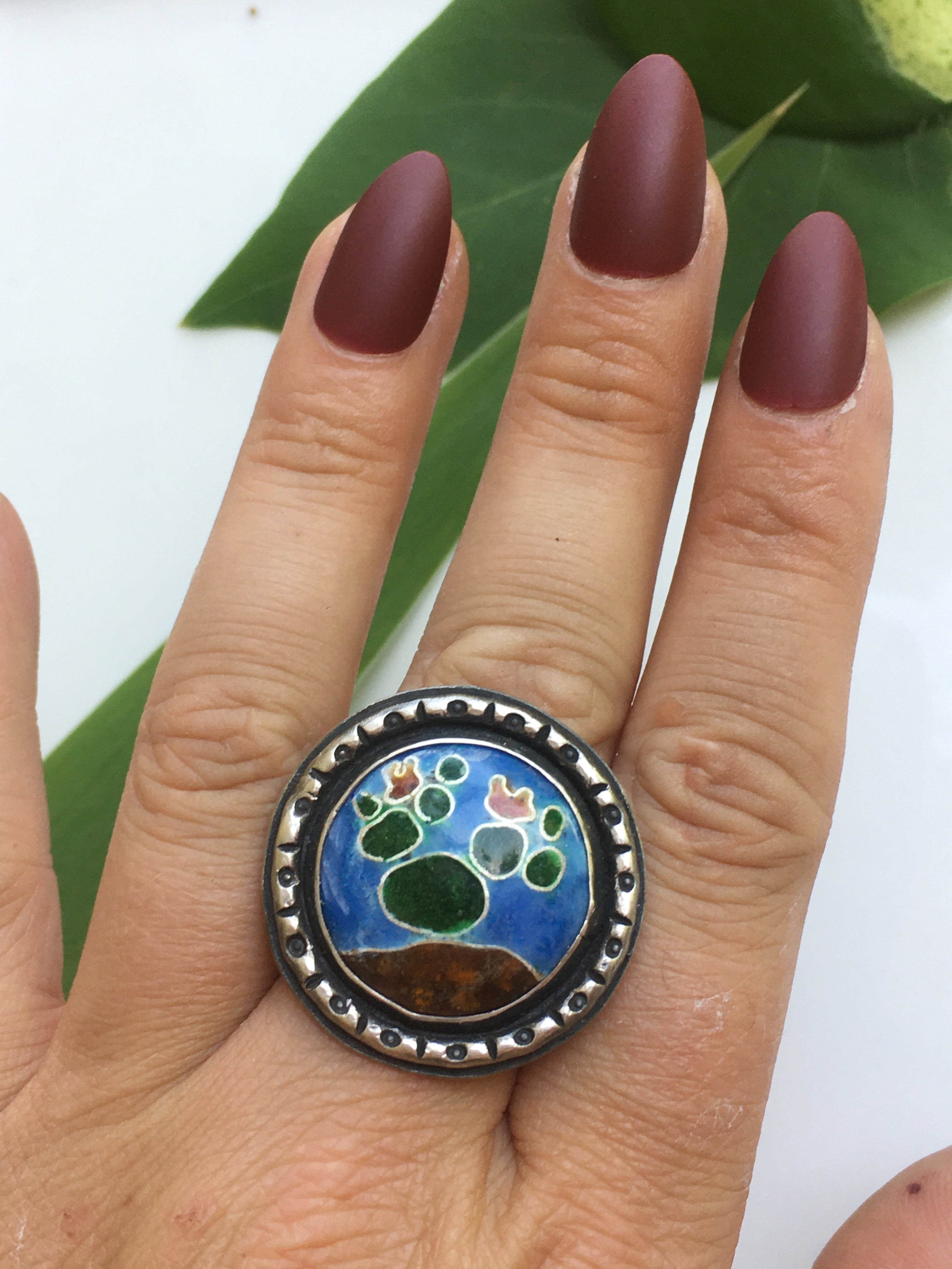 Prickly Pear Cactus Cloisonné Enamel Sterling Silver Ring-Size 8